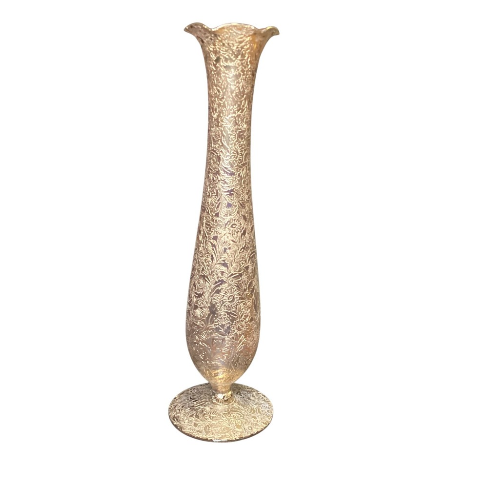 Vintage Embossed Floral Metallic Gold Glass Bud Vase 10 Inch Scalloped Rim - Picture 2 of 5